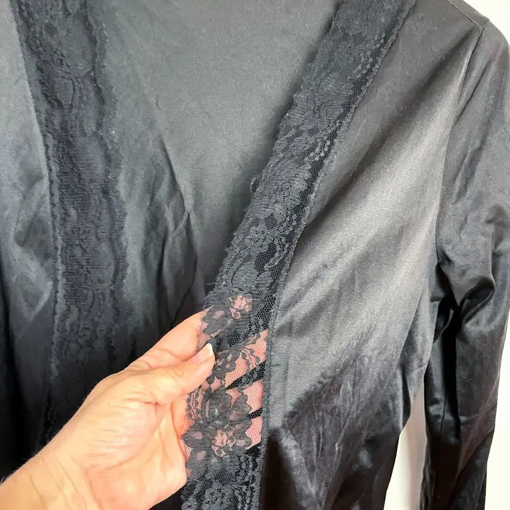 Vintage Black Nylon Lace Robe Whimsigoth‎ Dark Coquette Romantic Witchy Ethereal